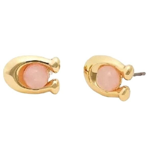 Coach Signature C Stud Earrings Rose Quartz Pink NWT - Picture 2 of 3